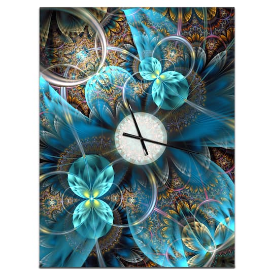 Designart 'Fractal Blue Flowers Modern Rectangular Wall Clock
